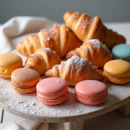 Assortiment de pâtisseries françaises, incluindo croissants et macarons.